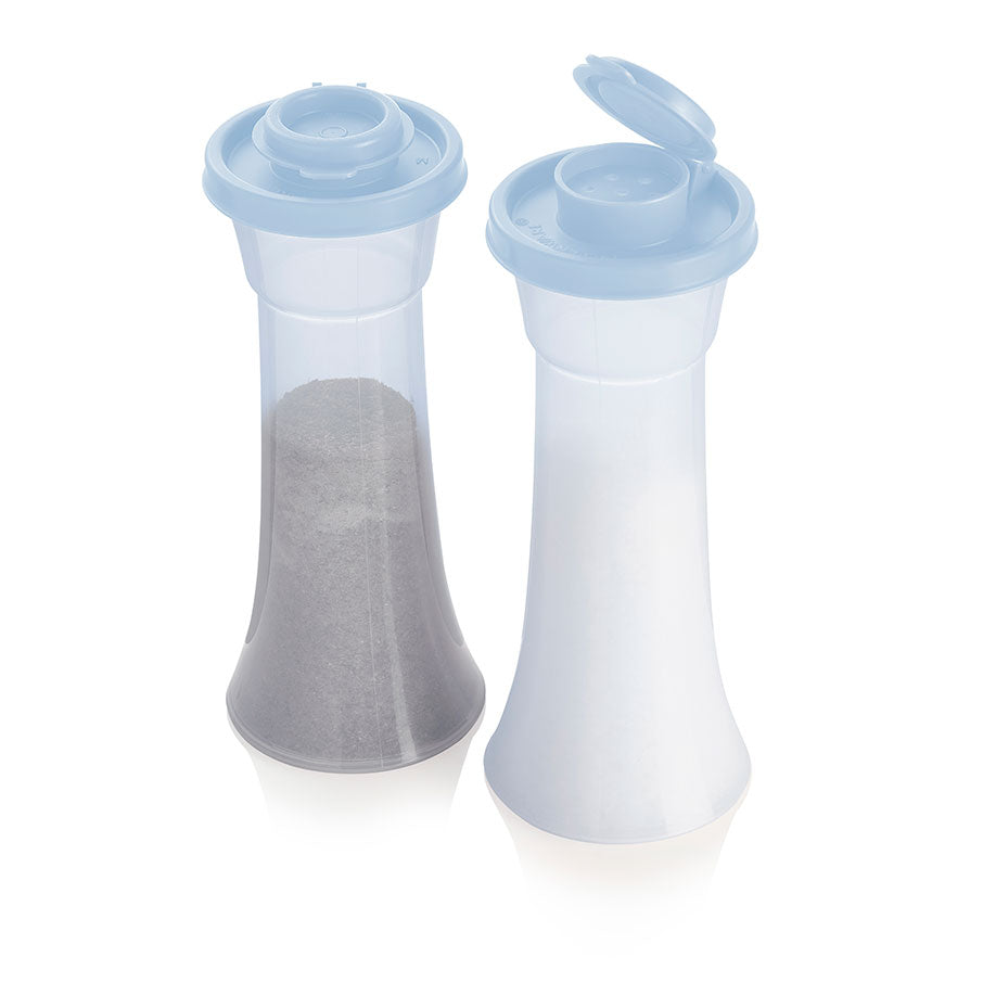 Tupperware Hourglass Salt and Pepper Shakers with Hinged Lids