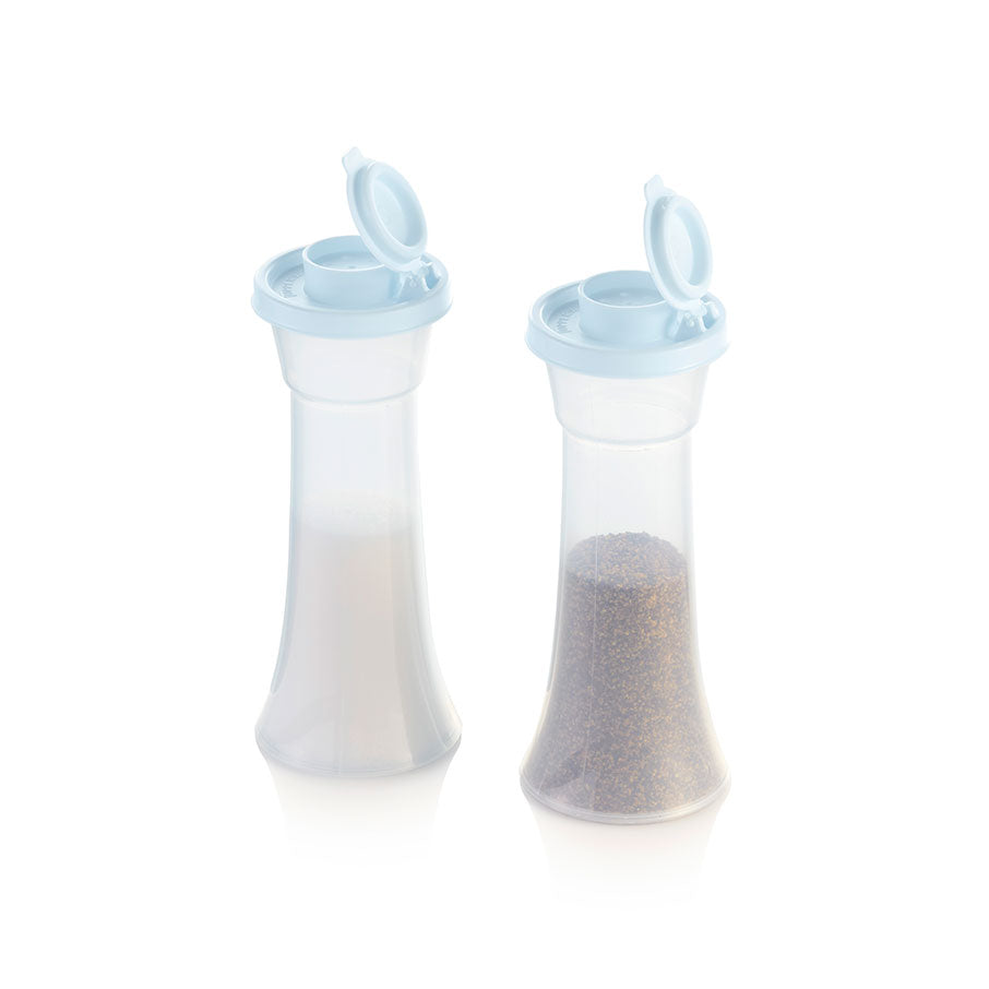 Tupperware Hourglass Salt and Pepper Shakers with Hinged Lids